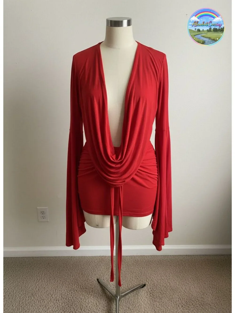 Women's Mesh Cowl Neck Backless Mini Dress Long Sleeve Party